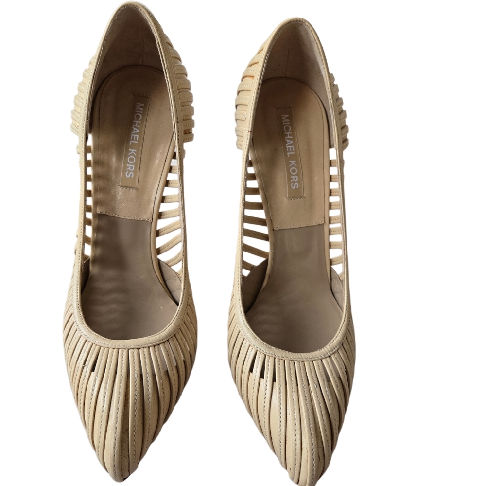 Michael Kors Cream Round Toed Caged Heels With Tonal Stitching and Covered Heel.